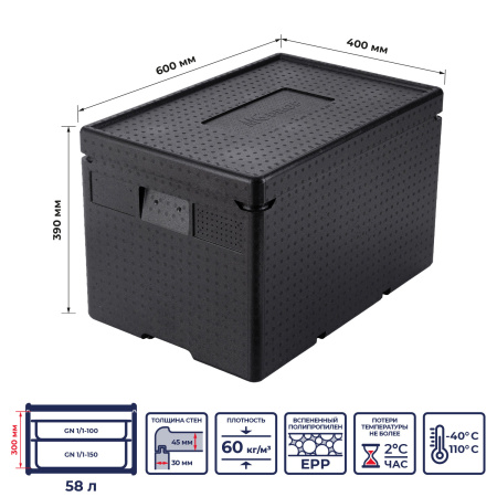 Термоконтейнер  58 л. 600*400*390 мм. для гастроем. h=200 мм. (-40°C до +110°C), плотность 60кг/м3, п/п MGprof /1/2/