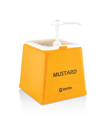 Диспенсер (емкость) для соуса 225*210 мм. h=225 мм. 2,5 л. с дозатором (25 мл), п/п, желтая подставка пластик GP /1/
