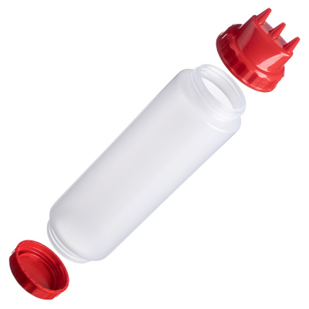 Емкость для соуса 1000 мл. d=75 мм. h=290 мм. c 2 крышками 3 носика, широкая прозрачная, крышки красные GP /1/96/